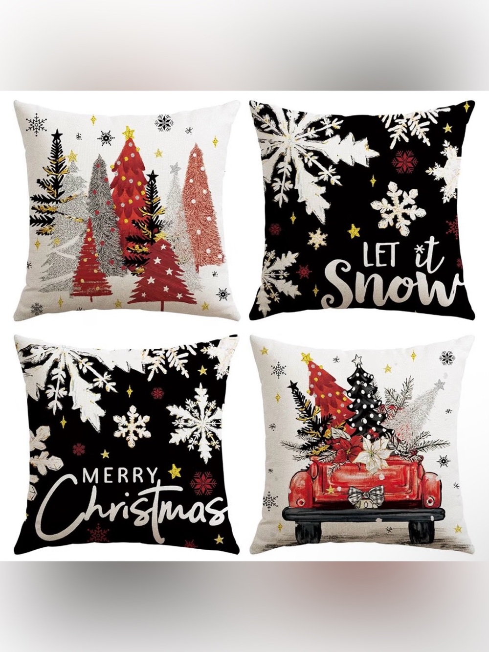 Christmas Tree Truck & Snowflake Holiday Zipper Pillow Covers, Set of 4. 18” New